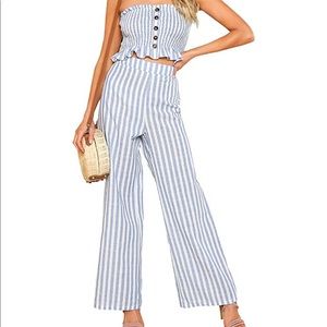 Blue and White Striped Tube top and Pants Set
